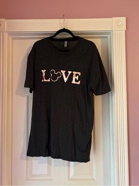adidas Women's Dark Gray Short Sleeve T-Shirt with Pink Metallic "LOVE" Graphic
